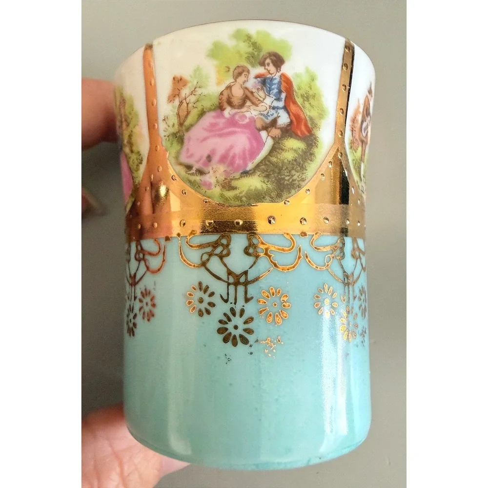 Antique Vienna‑Style Porcelain Cup w/ Ornate Silverplate Holder & Saucer